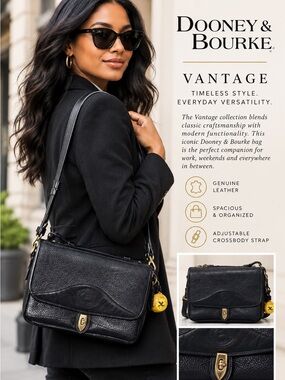 Dooney and Bourke vantage Black Leather Crossbody Bag with Gold Accents.